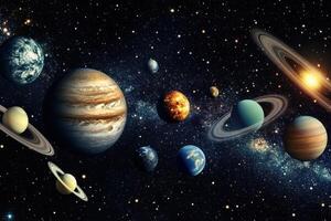 A depiction of the planets in our solar system against a starry backdrop. photo