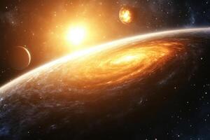 A distant planet with a fiery sun and a galaxy in the background. photo
