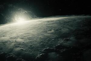 A distant planet with a bright star shining in the distance, viewed from space. photo