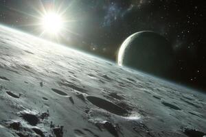 A distant planet with a sun and another planet in the background. photo