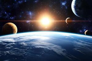 A distant planet with a glowing sun in the background and multiple celestial bodies in the distance. photo