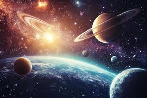 A colorful and vibrant depiction of a solar system with multiple planets, a star, and a nebula in the background. photo