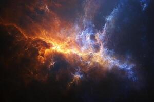 A fiery, abstract nebula in space with swirls of red, orange and blue gas. photo