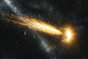 A fiery comet streaks across the night sky, leaving a trail of debris. photo