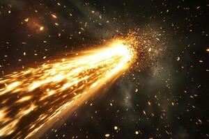 A fiery comet streaks across the dark expanse of space, leaving a trail of burning debris. photo