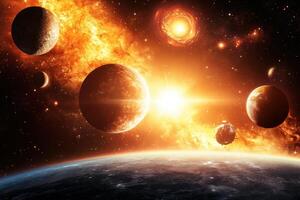 A fiery celestial landscape with a blazing sun, planets, and a swirling galaxy. photo
