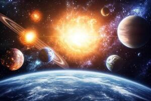 A fiery explosion in space illuminates a solar system with planets. photo