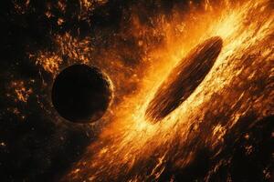 A fiery explosion in space, engulfing a planet in flames. photo