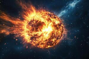 A fiery explosion in space with flames and debris. photo