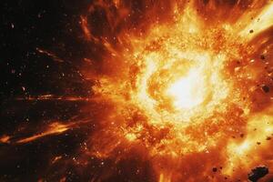 A fiery explosion in space with debris and glowing light. photo