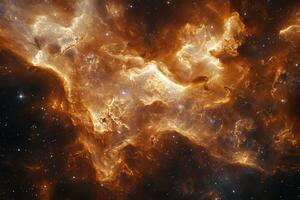 A fiery nebula, a cloud of gas and dust, glows brightly against a dark background of stars. photo