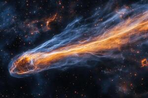 A fiery comet streaks across the vast expanse of space, leaving a glowing trail of gas and dust. photo