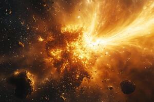 A fiery explosion in space, with asteroids and debris scattered around. photo