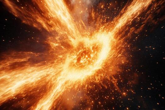 A fiery explosion in space with glowing, fiery debris. photo