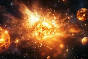 A fiery explosion in space with planets and debris. photo