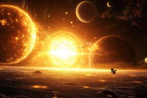 A fiery explosion in space, with planets and a satellite in the foreground. photo
