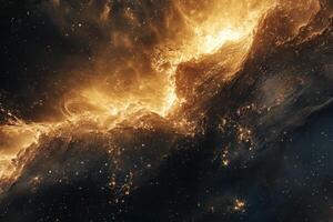A fiery nebula glows in the dark expanse of space, with a swirly texture and subtle star clusters scattered throughout. photo