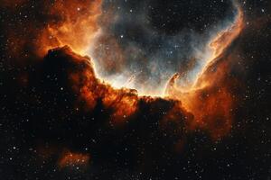 A fiery nebula glows in the dark space, surrounded by twinkling stars. photo
