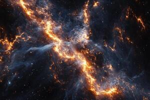 A fiery nebula streaks across a dark blue sky, with white and orange gas clouds illuminating the space. photo