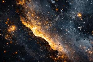 A fiery nebula streaks through a dark and starry sky. photo