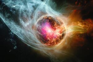 A fiery, glowing orb, surrounded by swirling clouds of smoke and light. photo
