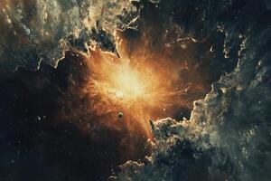 A bright, fiery explosion in space surrounded by clouds of gas and dust. photo