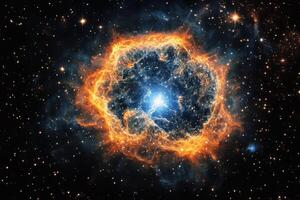 A bright, fiery nebula with a central star glowing intensely in the depths of space. photo