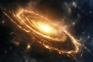 A bright, golden spiral galaxy in a dark space. photo