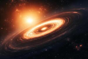 A bright, glowing star illuminates a spiral galaxy in the darkness of space. photo