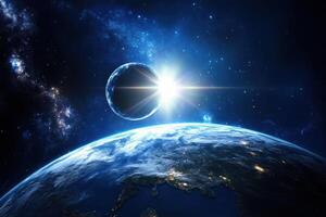 A bright star rises behind a planet in a dark and starry sky. photo