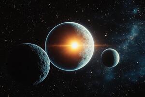 A bright star illuminates a celestial system of three planets against a dark, starry sky. photo