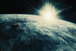A bright sunrise over a cloudy, blue planet from space. photo