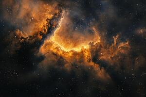 A celestial nebula with bright orange and yellow gas clouds against a dark starry backdrop. photo