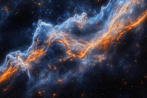 A celestial nebula with vibrant orange and blue hues, swirling through a field of twinkling stars. photo