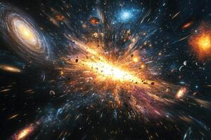 A colorful explosion in space with galaxies and stars. photo