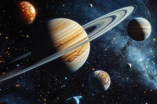 A colorful galaxy with planets, stars, and a swirling nebula in the background. photo