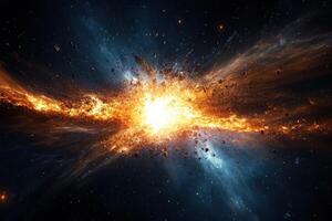 A bright explosion in space with debris flying outward. photo