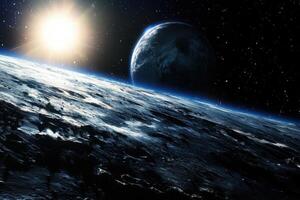 A distant planet with a sunrise and another planet in the background. photo