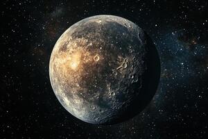 A detailed, realistic depiction of the planet Mercury against a backdrop of stars and the Milky Way galaxy. photo