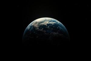 A stunning image of planet Earth in space, seen from a distance, showcasing its blue oceans and white clouds against the black backdrop of the universe. photo
