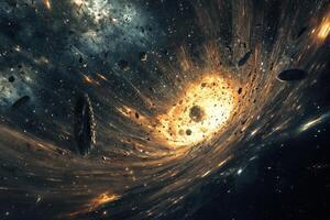 A fiery black hole in space with swirling debris. photo