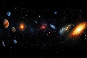 A panoramic view of the cosmos with planets, stars, galaxies, and nebulas. photo