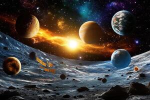 A stunning view of planets, a sun, and a spaceship in space. photo