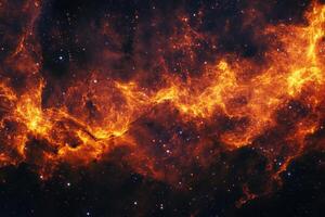 A fiery nebula with a swirling pattern of gas and dust in a dark, star-filled sky. photo