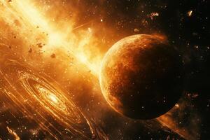 A fiery orange planet with a glowing ring in a dark, starry space. photo