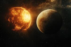 A fiery red star and a brown planet in a galaxy of stars. photo