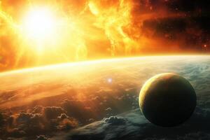 A fiery sun rises over a distant planet. photo