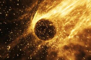 A fiery ring of energy surrounds a black hole in space. photo