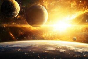 A fiery sunrise over a distant planet with other planets in the background. photo