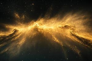 A glowing golden nebula in the vast, dark expanse of space. photo